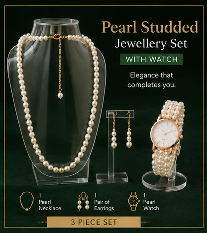 Elegant Pearl Studded Jewellery Set with Watch – 3-Piece Fashion Combo
