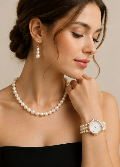 Elegant Pearl Studded Jewellery Set with Watch – 3-Piece Fashion Combo