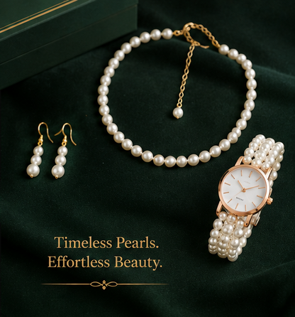 Elegant Pearl Studded Jewellery Set with Watch – 3-Piece Fashion Combo