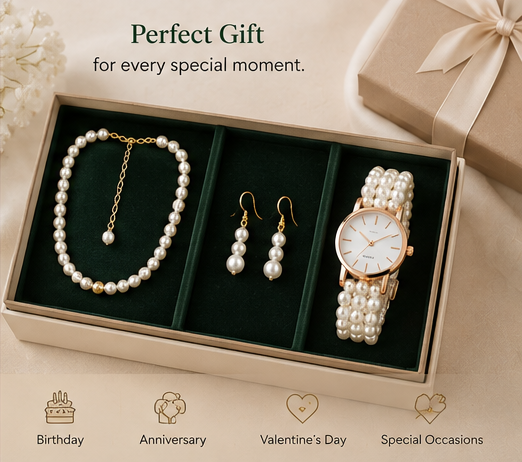 Elegant Pearl Studded Jewellery Set with Watch – 3-Piece Fashion Combo