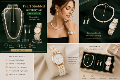Elegant Pearl Studded Jewellery Set with Watch – 3-Piece Fashion Combo