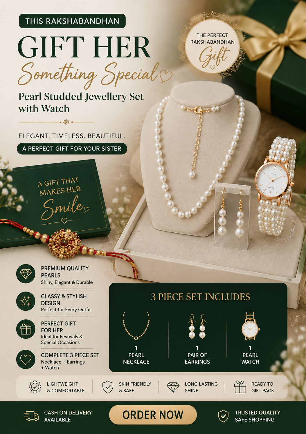 Elegant Pearl Studded Jewellery Set with Watch – 3-Piece Fashion Combo