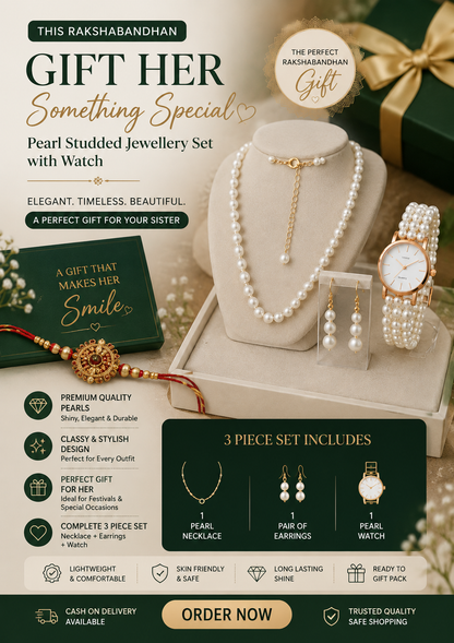 Elegant Pearl Studded Jewellery Set with Watch – 3-Piece Fashion Combo